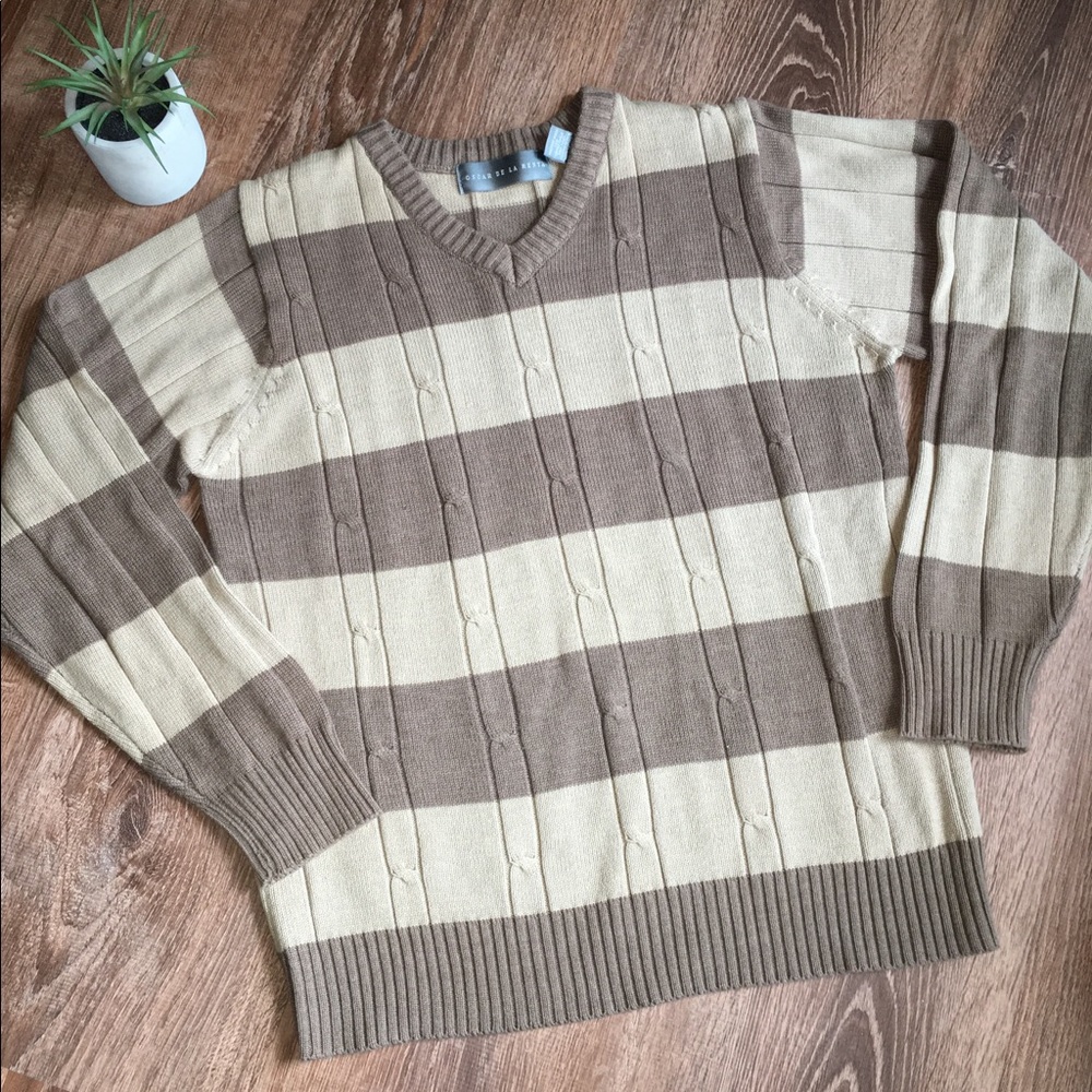 Oscar De La Renta Tan Striped Cable Knit Sweater M